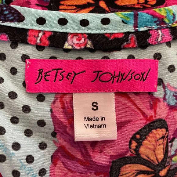 💜 3/$30 Betsey Johnson Calla Mock Wrap Scrub Top Polka Dots Roses Butterflies - Picture 8 of 8